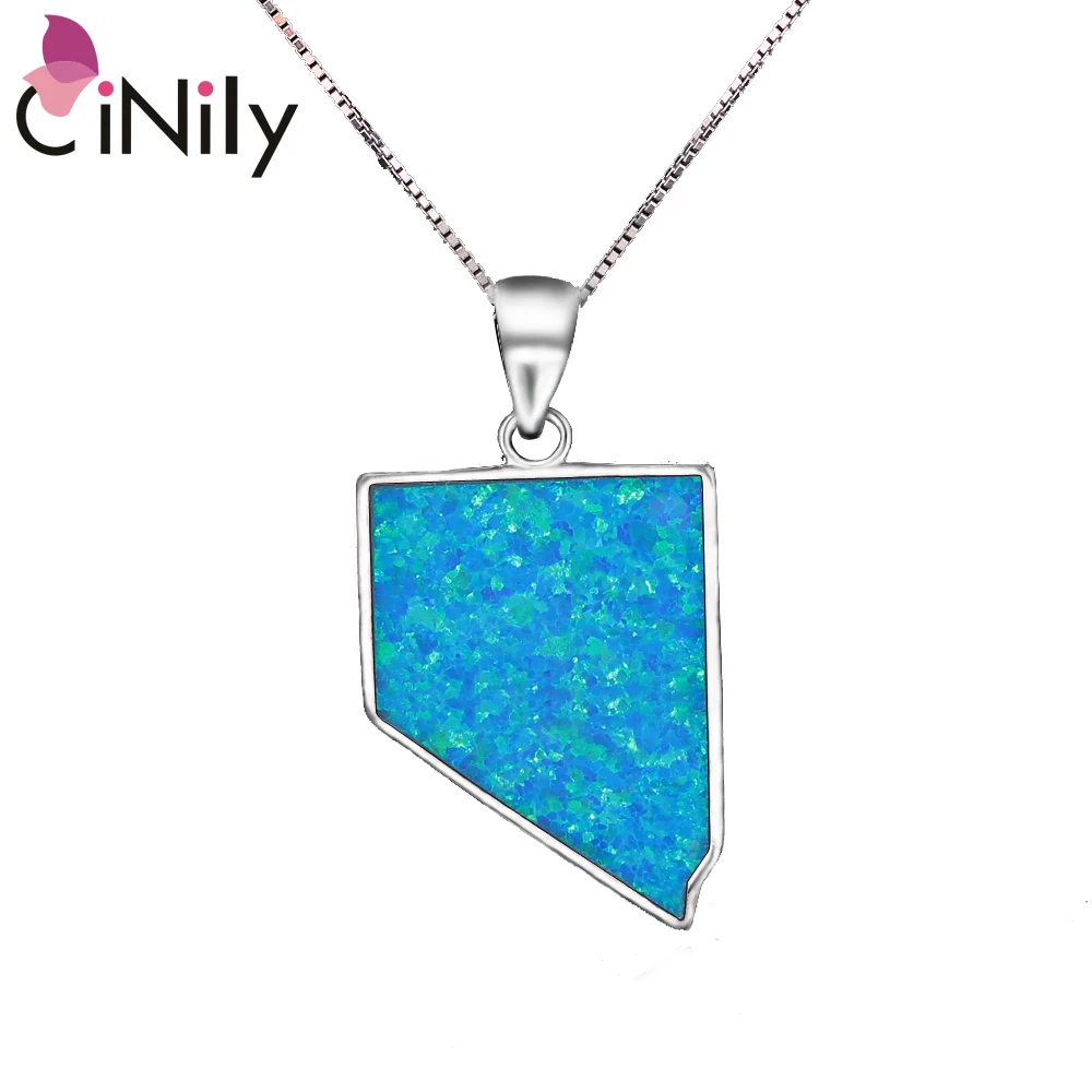 

CiNily Trapezoid Created White/Blue Fire Opal Necklace Silver Plated Chain Fashion Jewelry for Women Girls Charm Pendant 1 1/4''