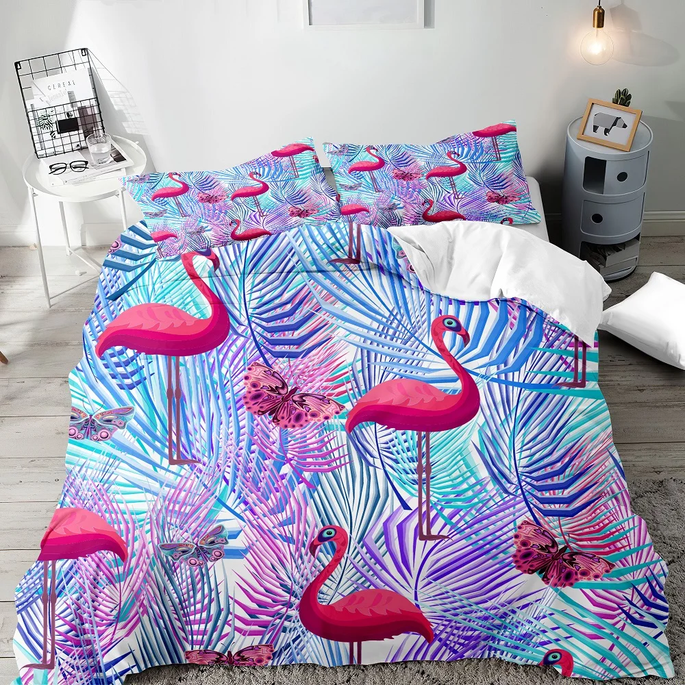 Розовый комплект постельного белья с изображением листьев джунглей наволочка