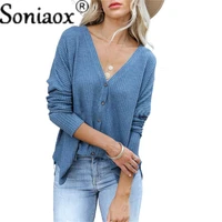 ladies knit warm sweater cardigan jacket autumn v neck casual loose wild section thick solid color buttons sweater tops outside