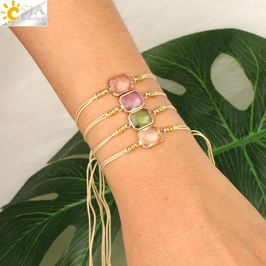 

CSJA Braided Rope Chain Bracelets Adjustable Handmade Jewelry for Femme Faceted Crystal Glass Bead Bracelets Pulseras Mujer S500