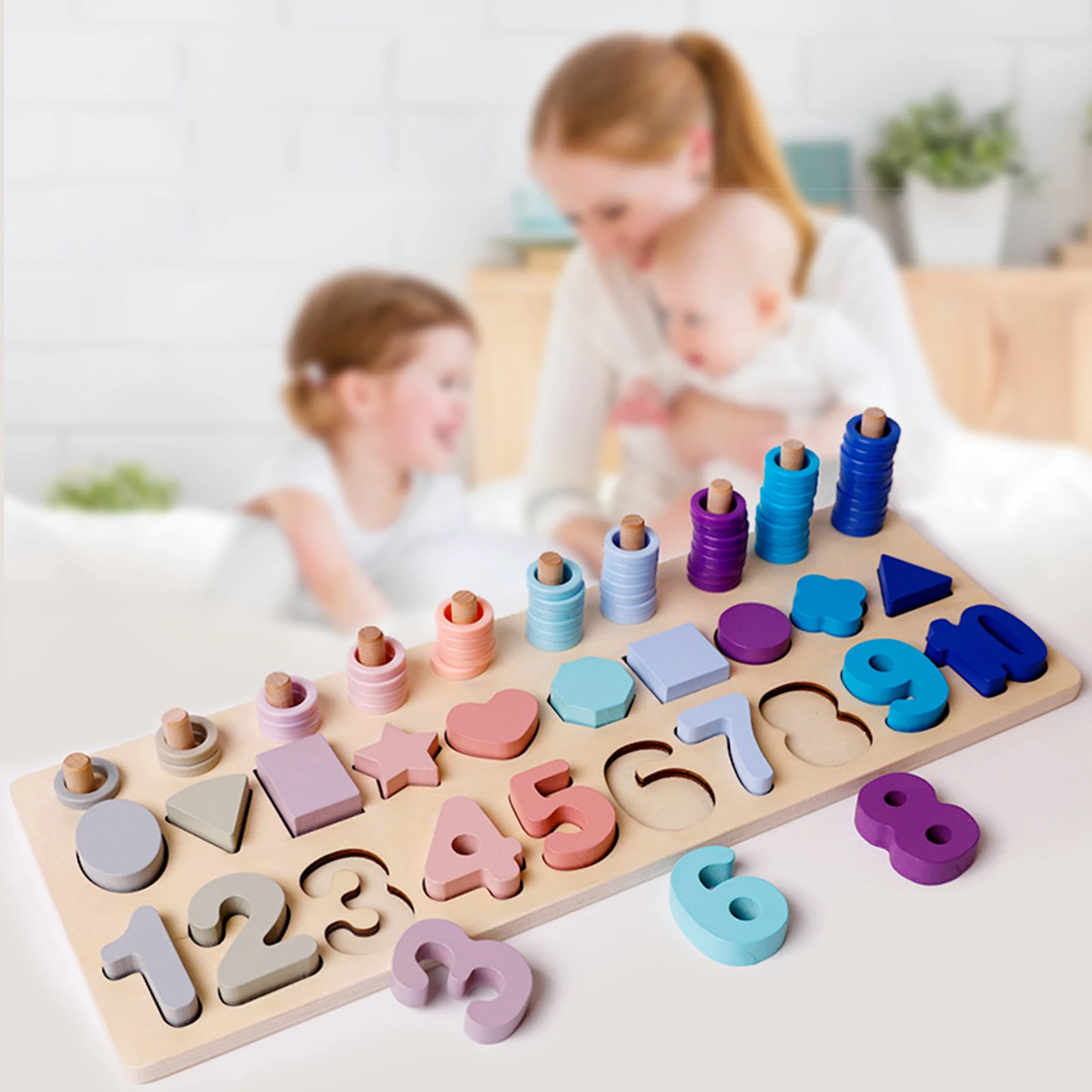 

Rainbow Rings Board Wood Shape Color Sorter Stacking Learning Toy Gift