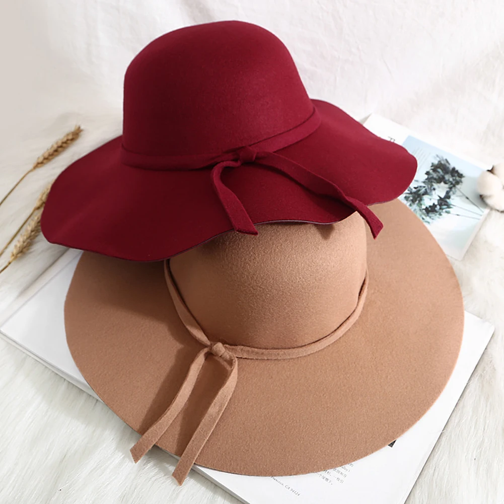

Women's Warmth In Autumn And Winter Retro Elegant Felt Hat Wool-like Fedora Hat Wide-brimmed Sun Hat Bowknot Cowboy Hat