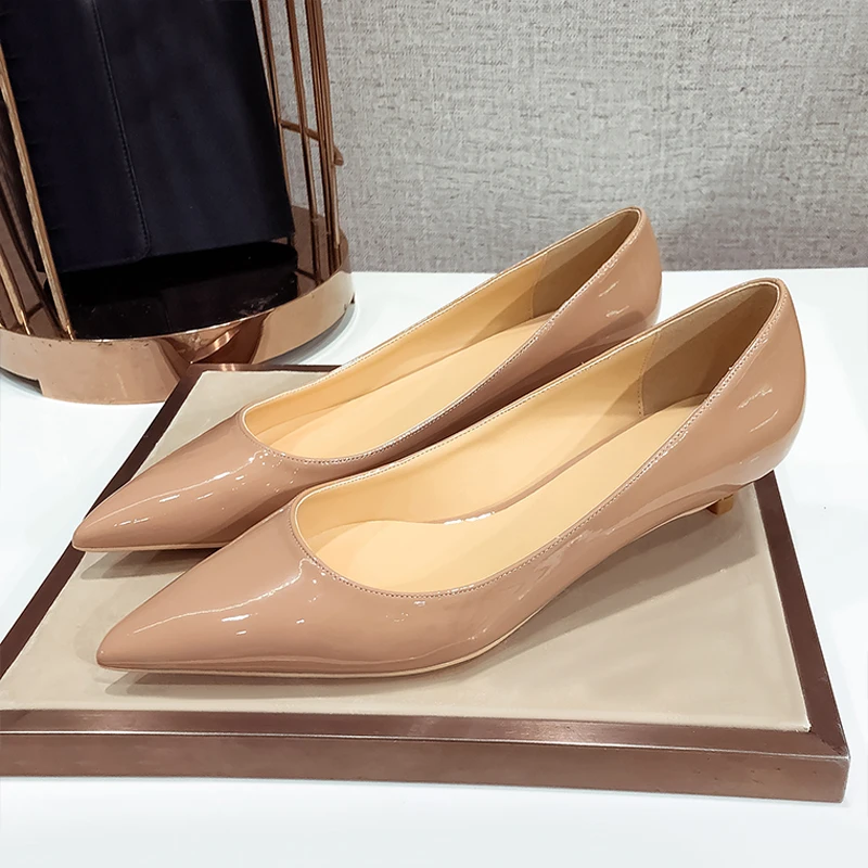 Female New Women Pumps Nude Red White Sliver Color Med Thin High Heels Lady Genuine Patent Leather Pointed Toe Office Shoes A002