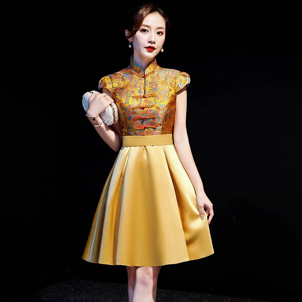 

Винтажное плиссированное платье Чонсам на пуговицах, желтое платье с воротником-мандарином, Изящные цветочные короткие женские вечерние п...