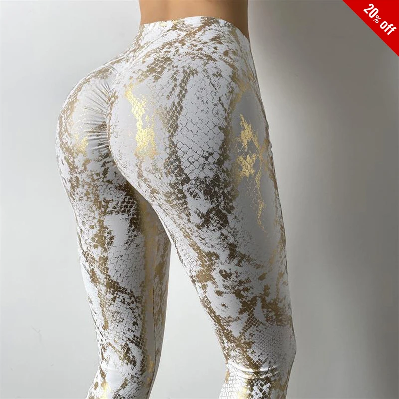 New High Elastic Hot Golden Snake Skin Bronzing Pattern Leggings Women Scrunch Tights Textured White Gold blue grey pant