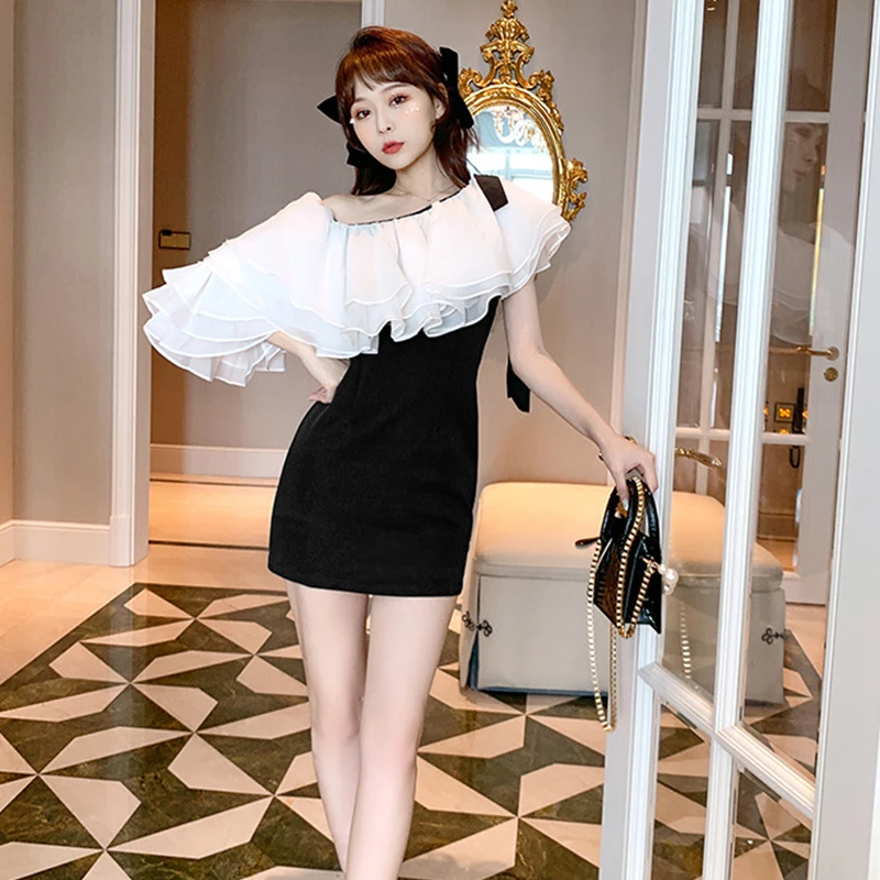 

Модное французское винтажное мини-платье с рукавом-бабочкой для вечевечерние НКИ клуба женское элегантное кофейное сексуальное черное пля...