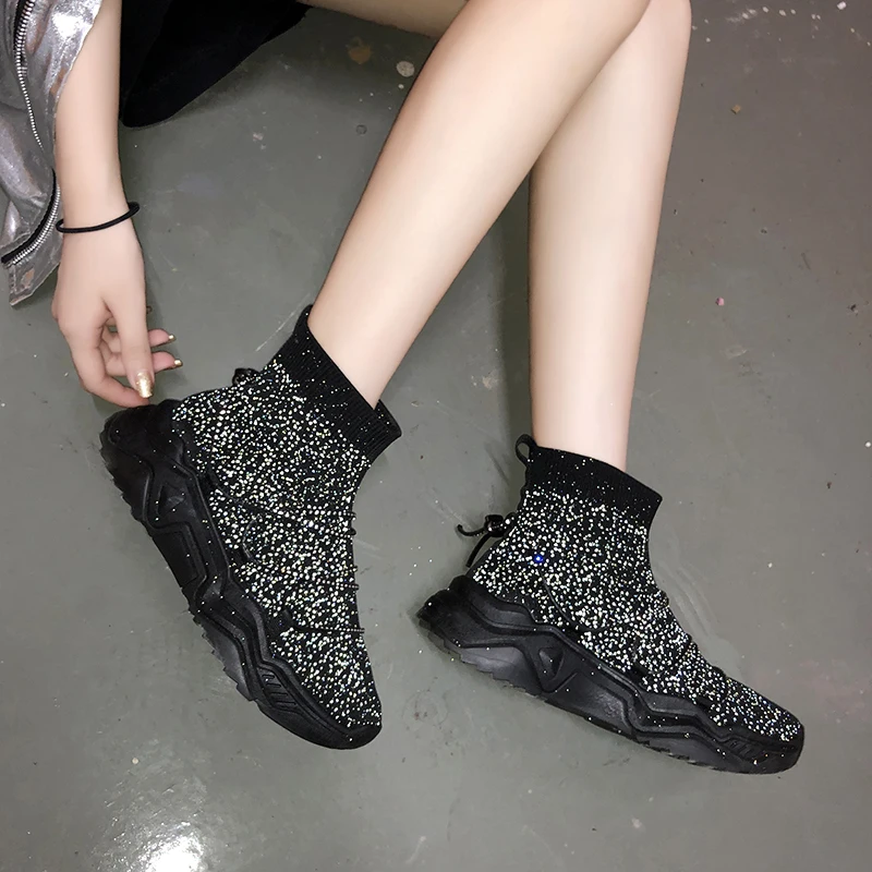 Женские кроссовки для бега блестящие высокие носки женские уличные удобные