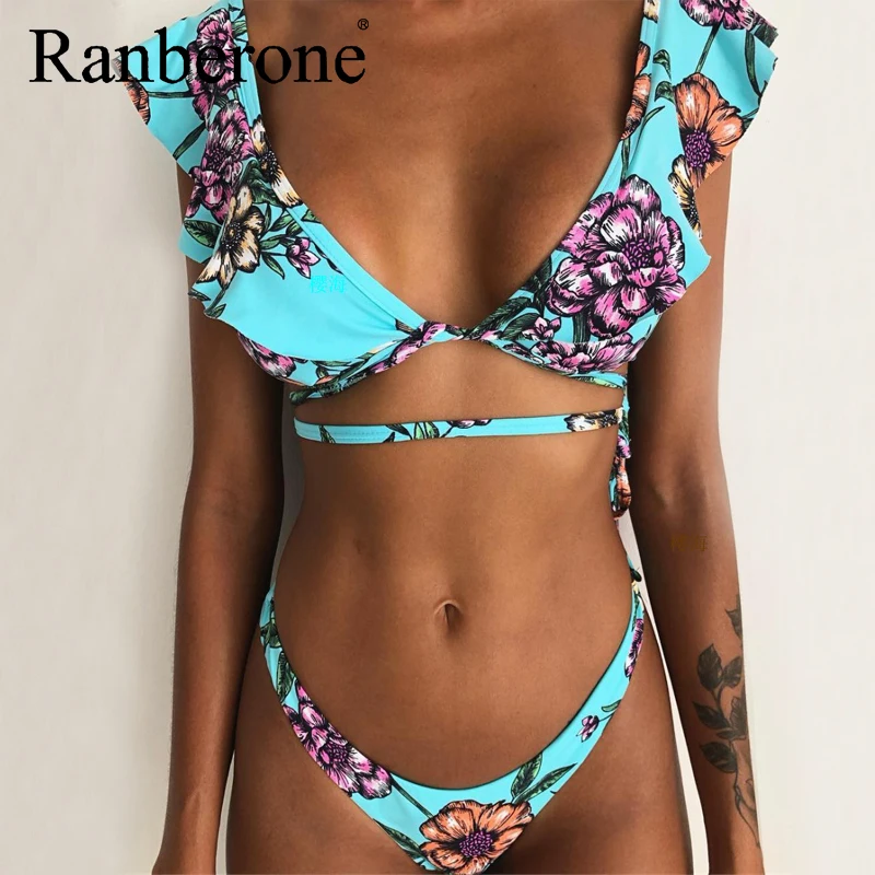 Ranberone 2020 New Sexy Ruffle Women Bukini Backless Swimwear Vintage Bikini Set Push Up Bathing Suit Summer Floral Beachwear
