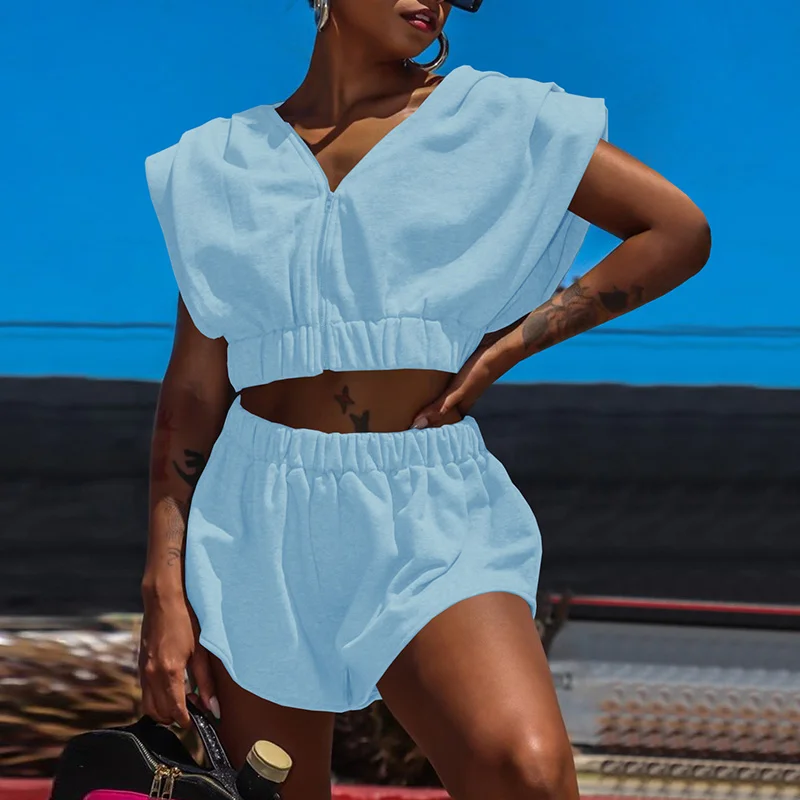 

Solid V-neck Crop Tops Shorts Women's Tracksuits Folds High Waist Zipper Tracksuit Female 2021 Summer Lady Casual Sportwear Set