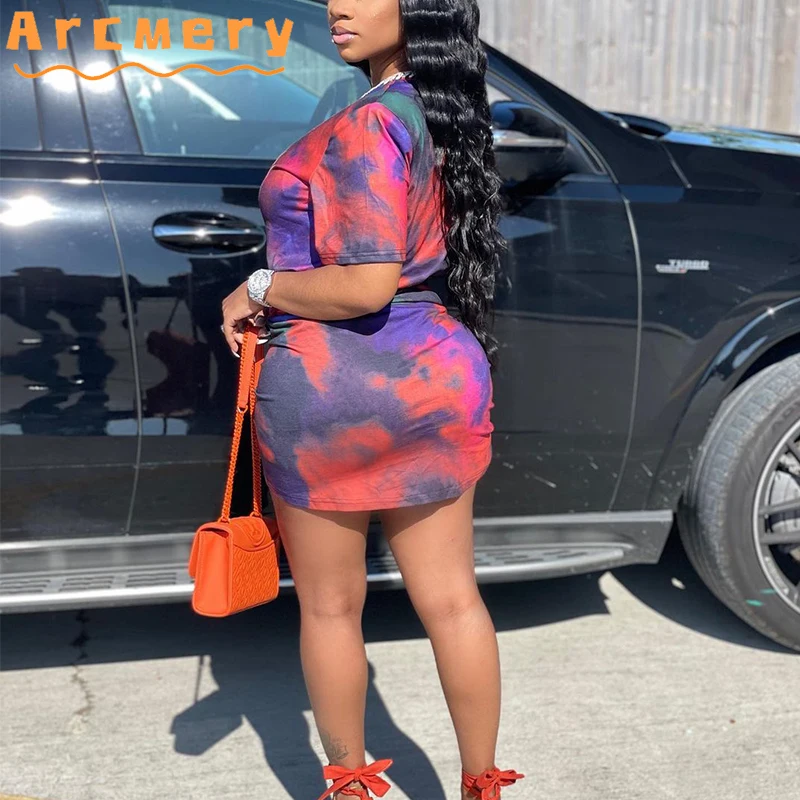 

2 Pieces Sets Women Tie Dye Printed Short Sleeve T-shirt & Pleated Skirts