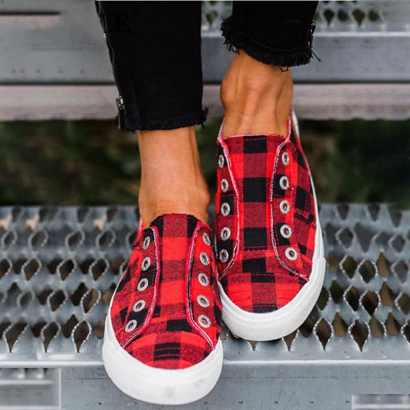 

Women's Vulcanized Shoes Women Sneakers Casual Comfort Flats Plaid Woman Fashion Slip On Flat Platform Ladies Footware