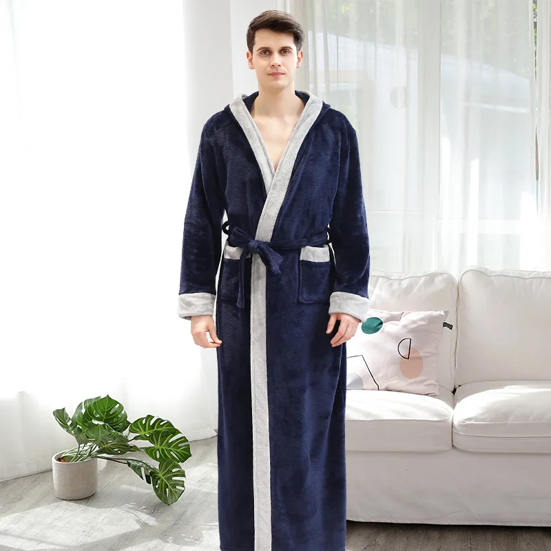 

Couple Contrast Hooded Thicken Kimono Bathrobe Robe V-Neck Long Flannel Lingerie Nightgown Sleepwear Winter Lounge Homewear