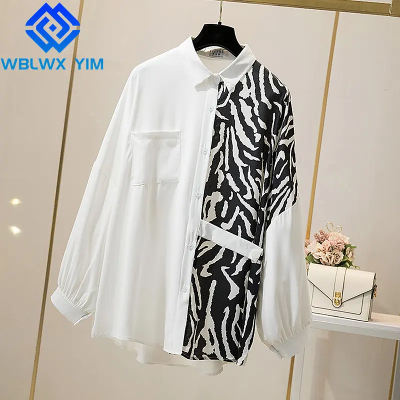

Spring Plus Size Womens Tops and Blouses Fashion Zebra pattern Patchwork Long Sleeve Shirt Female Loose Casual Chiffon Shirts