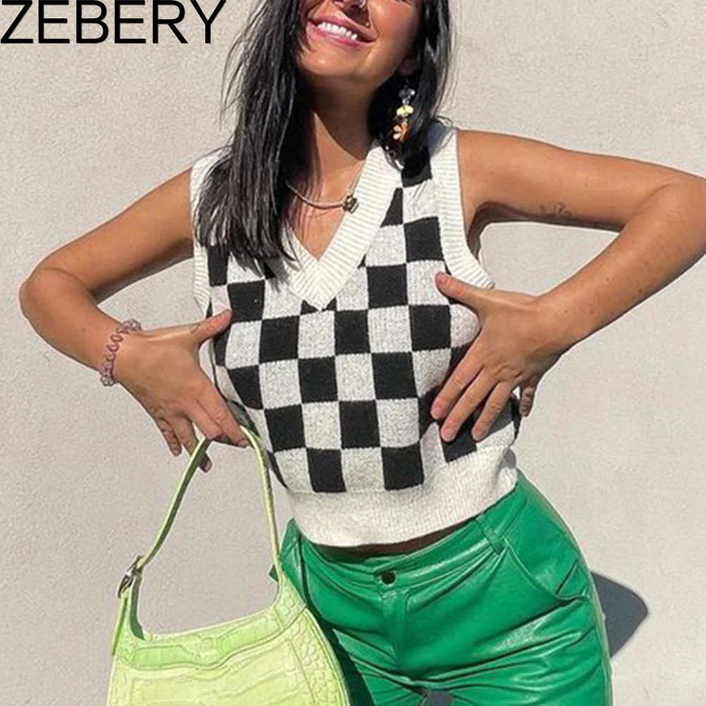 

Женский трикотажный джемпер в клетку, с V-образным вырезом