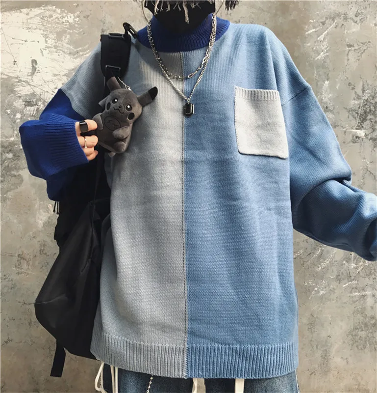 Winter Turtleneck Sweater Men's Warm Fashion Contrast Casual Knit Pullover Men Streetwear Hip Hop Knitting Sweaters Male Clothes