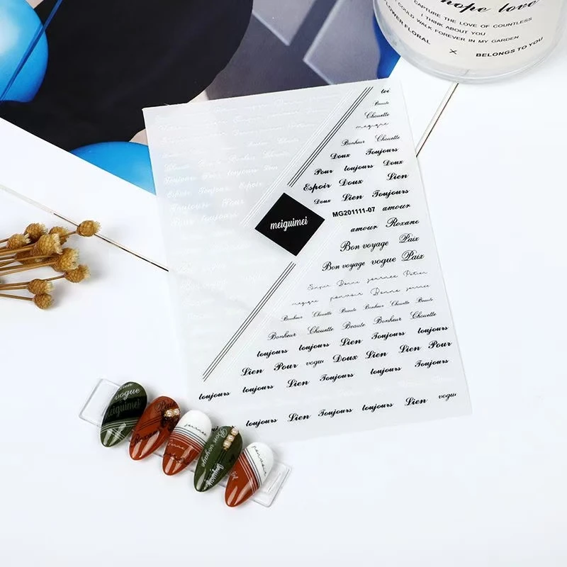 3D Nail Sticker Feather and English Letter Design DIY Tips Nail Art Decoration Packaging Self-adhesive Transfer Decal Slider