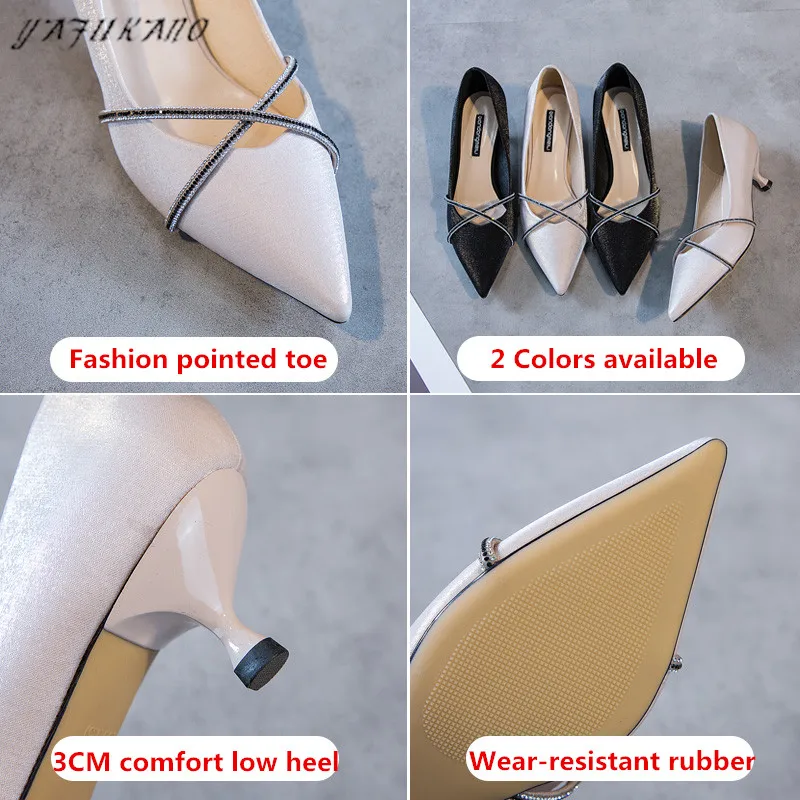 

Luxurious Rhinestone Cross Band Women Pumps French Style Elegant Low Heel Female Single Shoes Sexy Satin Silk Thin High Heels