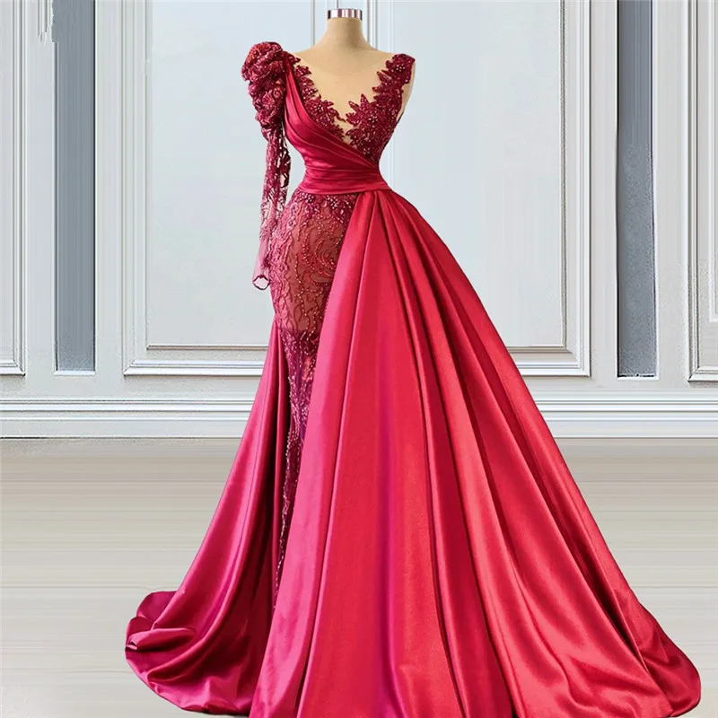 

Luxury Red Mermaid Prom Dresses With Overskirt Glitter Sequins Crystal Appliqued Satin Formal Evening Dress Customize Party Gown