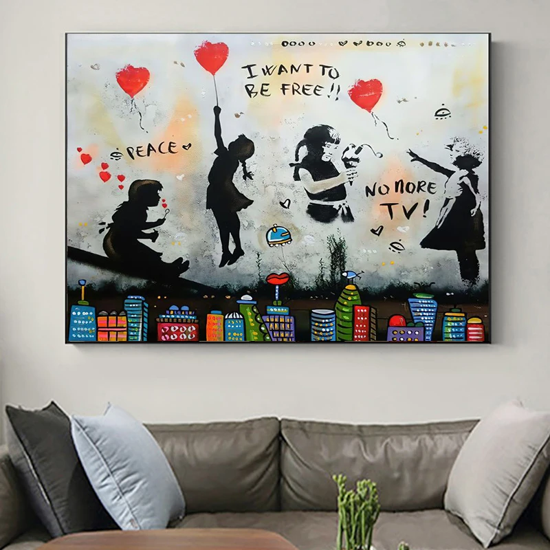 

Abstract Graffiti Street Art Girl Balloon Banksy Oil on Canvas Painting Posters and Prints Wall Art Pictures for Living Room