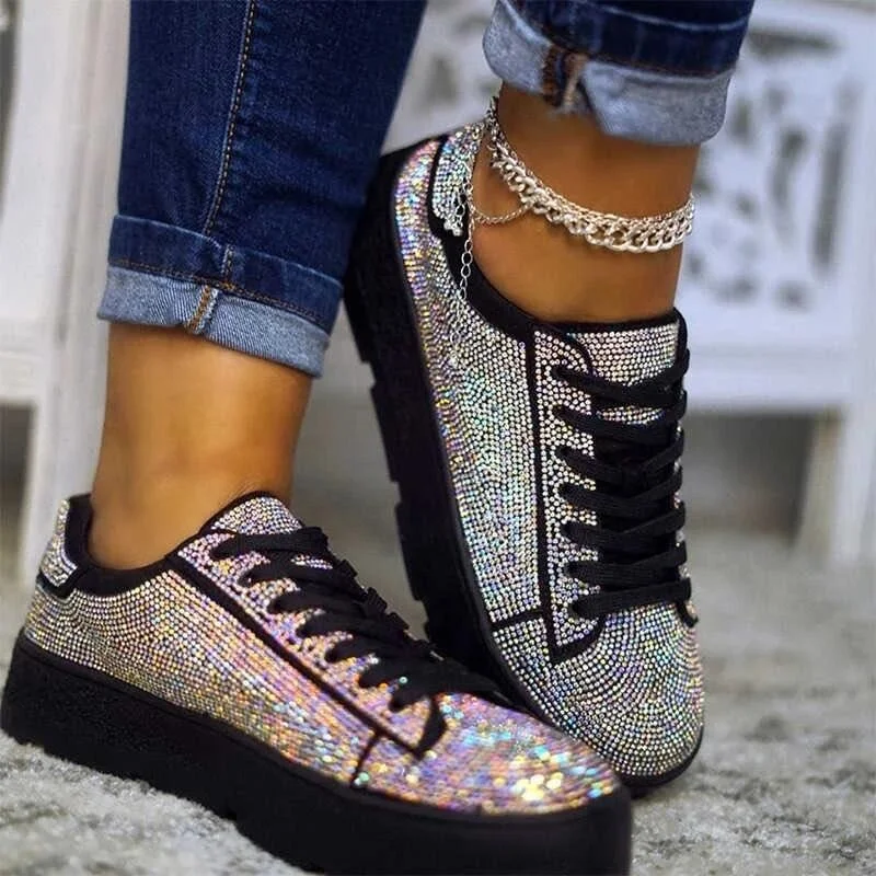

Flat Bottom Rhinestone Women Sports Shoes Ladies Thick Sole Lace-up Sneakers Women Fashion Athletic Tennis Shoes
