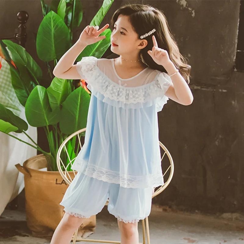 

Summer Thin Kids Girls Pajamas Sets Children Sweet Princess Short Sleeve Net Gauze Sleepwear Pyjamas Teenage Girls Home Clothes