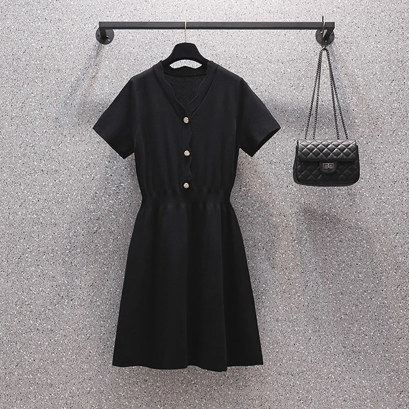 

Женское трикотажное платье, однотонное корейское летнее платье с коротким рукавом и V-образным вырезом, размера плюс