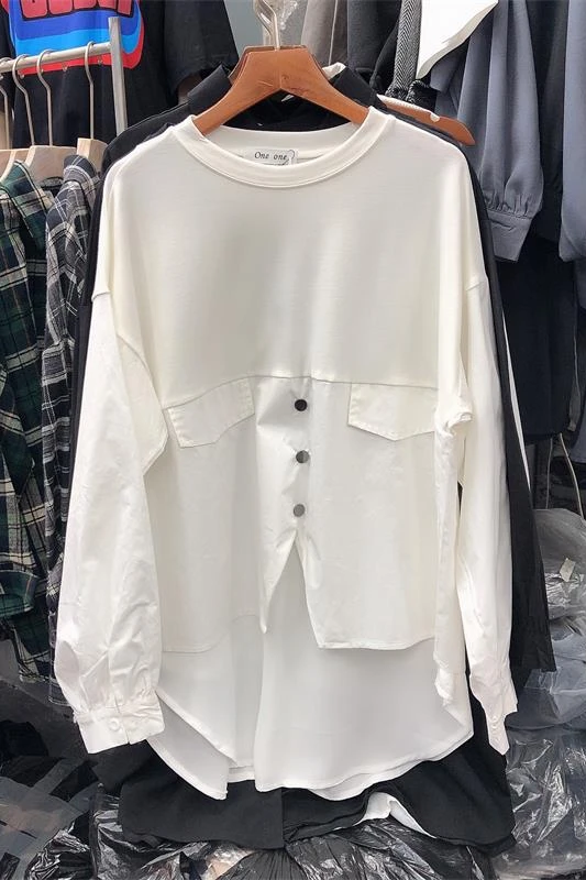 

Spring 2021 Stitching Fastener Decoration Loose False Two Pieces Long-Sleeved T-shirt Niche Personality Top for Women
