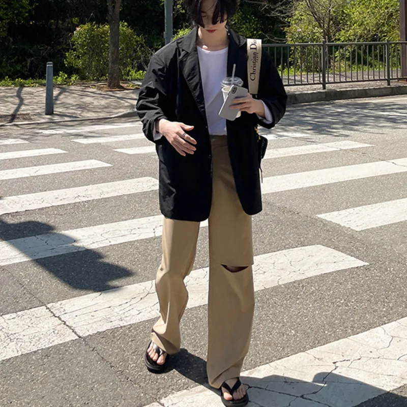 

IEFB Hole Wide Leg Pants Men 2021 New Loose Solid Color Straight Casual Trousers Black Elastic Men's Clothing Korean Trend Y7712