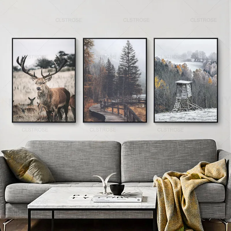 

Nordic Natural Landscape Canvas Painting Animal Elk Forest Wall Art Poster Scandinavian Picture Decoration Living Room Mural