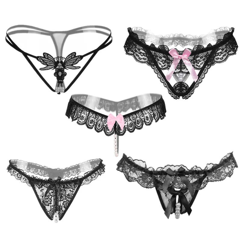 Ixuejie 5pcs/lot 5 Style Black Color Pearl Women Underwear Sexy G String Lace Thongs Low Waist Panties
