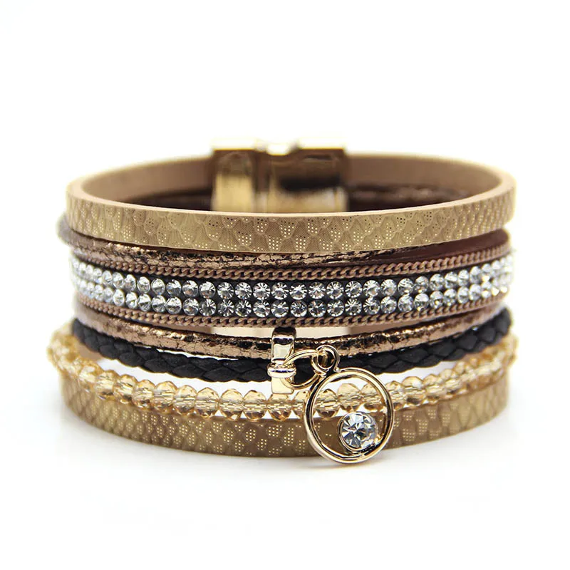 

European And American Exaggerated Multi-layer Color Leather Rope Multi-color Alloy Magnet Buckle Tassel Bracelet