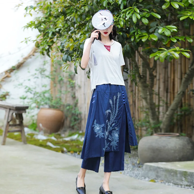 

Wide Leg Harem Pants Trousers 2021 Chinese Style Streetwear Women Ethnic Vintage Embroidery Loose Long Cotton Linen Pants KK3663