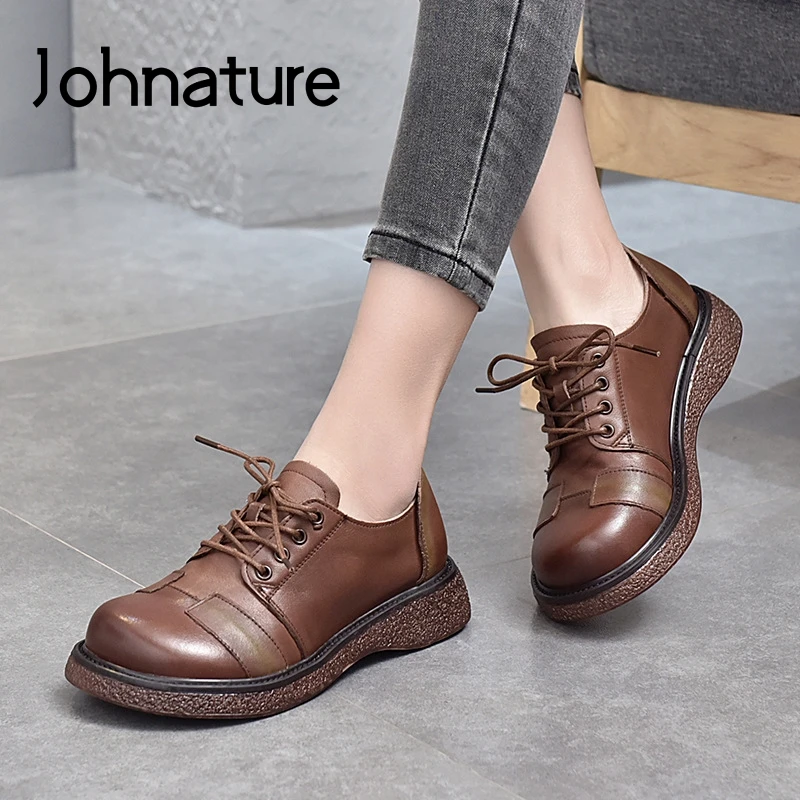 

Johnature Pumps Women Shoes Lace-Up 2022 New Spring/Autumn Retro Genuine Leather Handmade Leisure Concise Platform Ladies Shoes