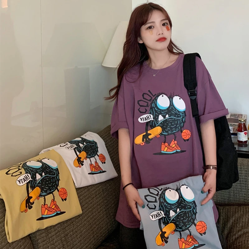 

Summer 2021 New Korean Style Cotton Printed Loose round Neck Half Sleeve Top Design Sense Purple Short Sleeve T-shirt Women