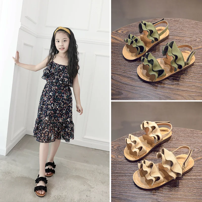 

2021 Fashion summer girls beach sandals ruffled comfortable soft-soled beach shoes children's toddler flat shoes Size 21-35