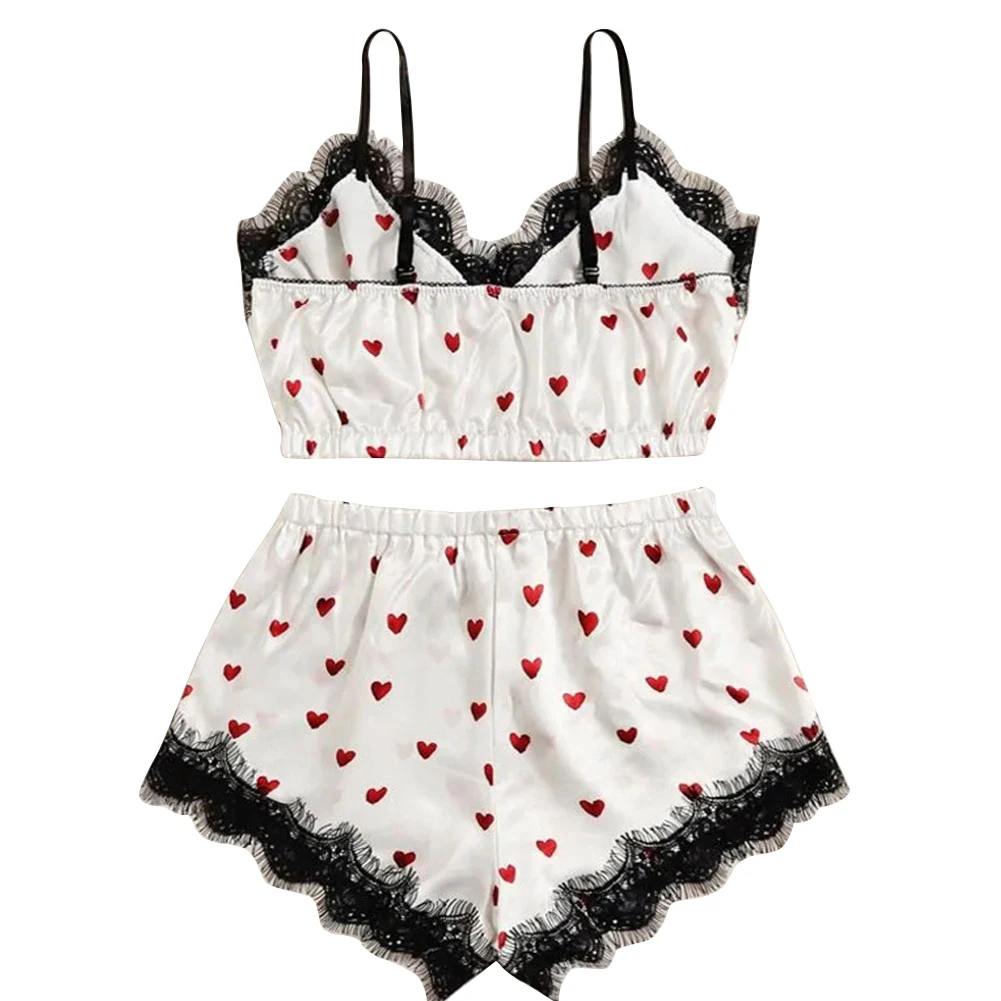 

Cute Women Sets 2 Piece Sexy Lingerie Sets Love Heart Lace Cami Top and Short Pant Homewear Pajama Suits Nightwear Sleepwear