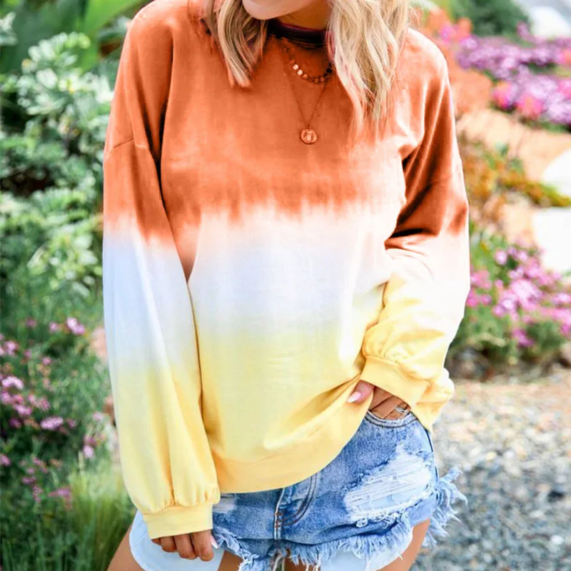 LZEQuella Women Autumn Winter Gradient Color Print Hoodies Sweatshirt Casual O Neck Long Sleeve Pullovers Female Tracksuit Top