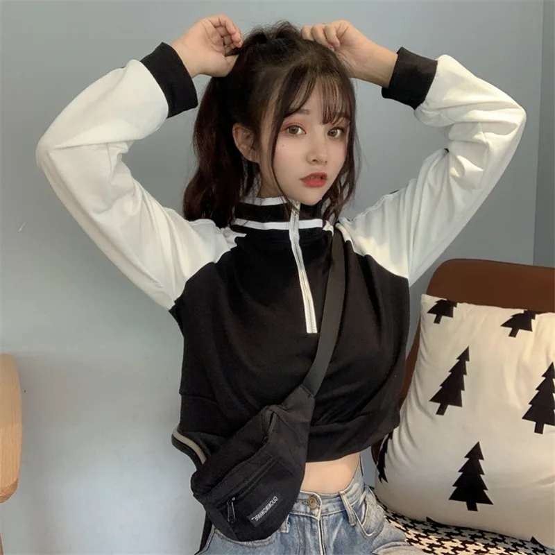 

2021 Spring Autumn Women's Loose High Waist New Short Tops New Korean Style Lapel Color Patchwork Zipper Long Sleeve Pullovers