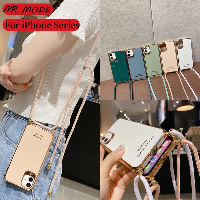

Luxury Plating Soft TPU Cover Strap Cord Chain Phone Case For iPhone XR XS MAX 11 11 Pro MAX X 8 7 Plus Necklace Lanyard Cover