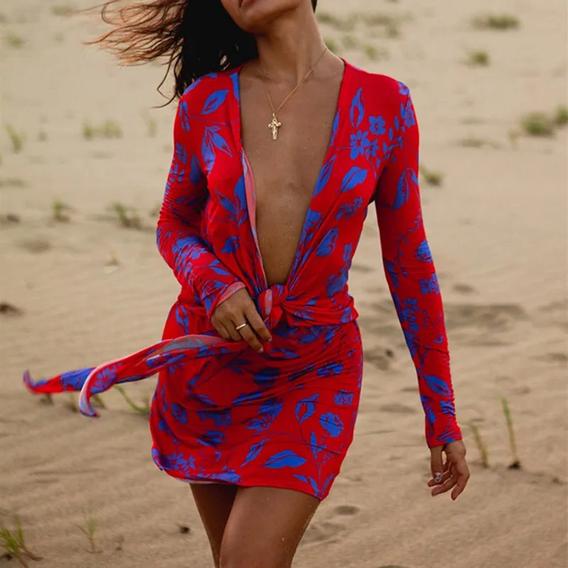 

2021 принт красное платье связать длинное платье с глубоким v-образным вырезом, мини-платья для женщин в африканском стиле повседневная одежд...