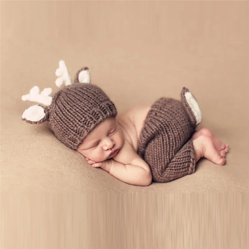

Реквизит для фотосъемки новорожденных детская шапка Рождественский дизайн оленя ручной работы вязаный крючком костюм оленя комплект вяза...