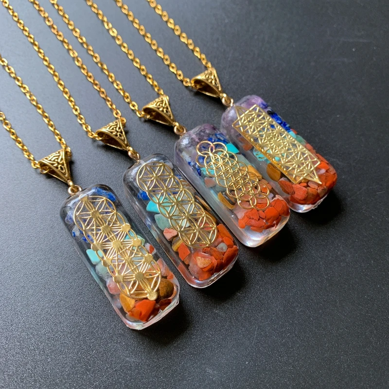 

7 chakra crystal stone chip Beads Pendant Orgonite Energy Healing Crystals Copper Symbols Handmade Dropshipping 1pc