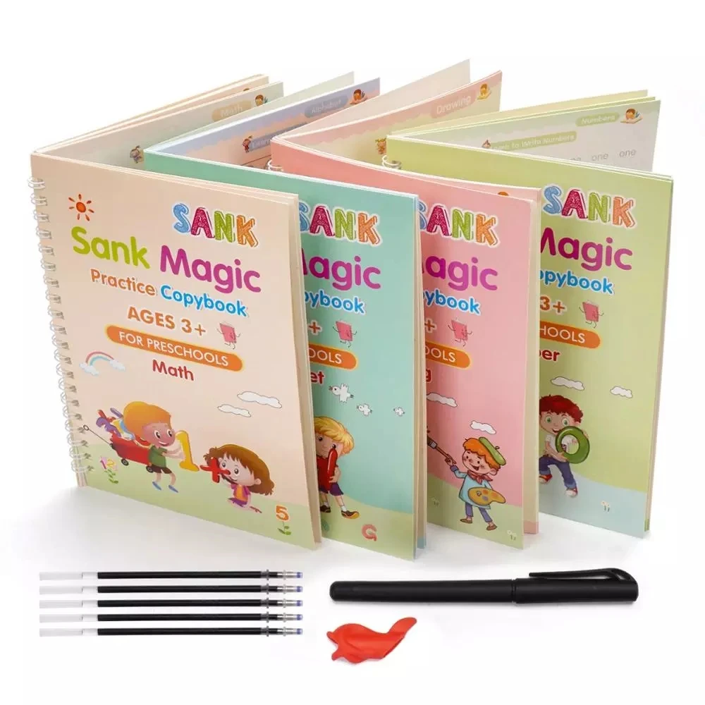 

4 Books/Set Baby Magic Practice Copybook Free Pen Children's Toy Writing English Copybook For Handwriting Calligraphy Book