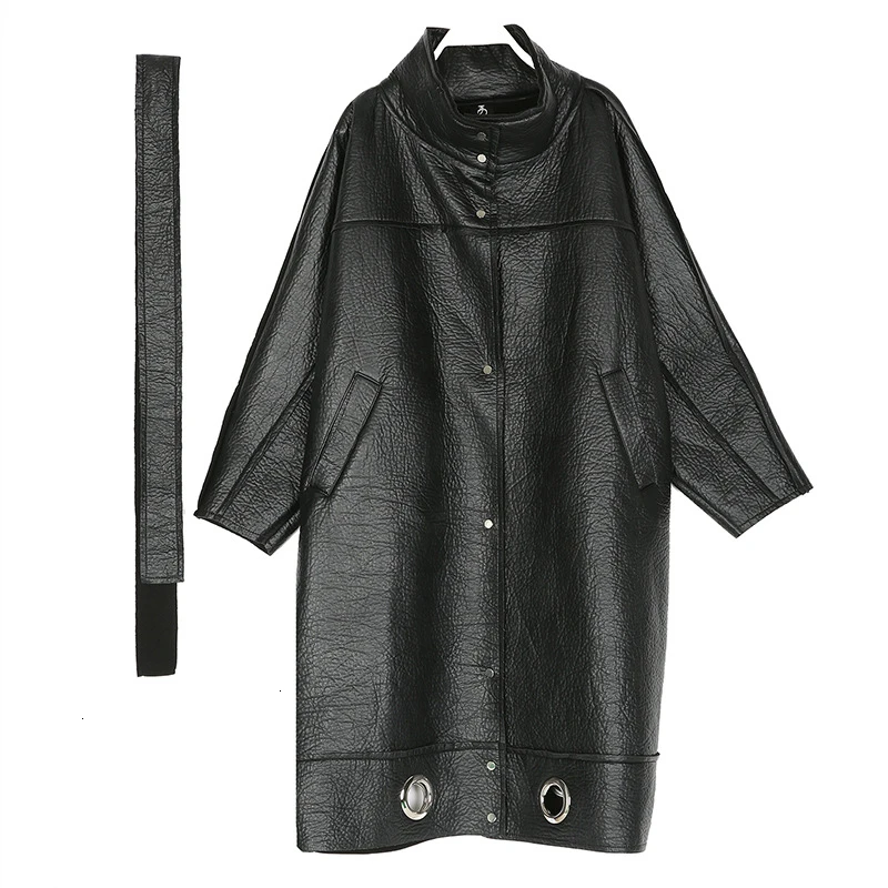 TWOTWINSTYLE Hollow Out PU Leather Lace Up Womens Coats Stand Collar Batwing Sleeve Coat Female Autumn Oversize Fashion New