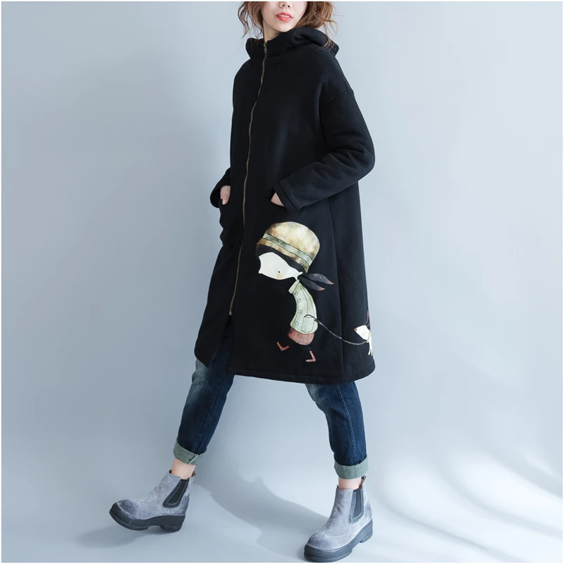 autumn New spring and 2020 Women Zip-up Clothing Long Coat Warm Thick Velvet Black Plus Size Cartoon Hooded Jacket XY23 | Женская одежда