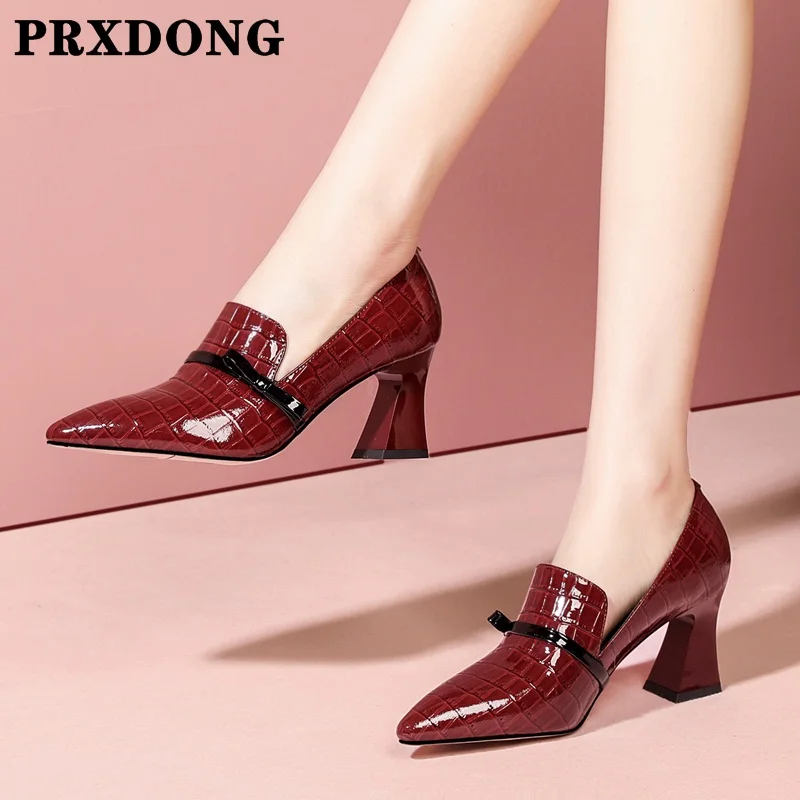 

Женские туфли-лодочки из натуральной кожи новые Модная обувь на высоком каблуке с острым носком Черные и темно-красные туфли красное платье...