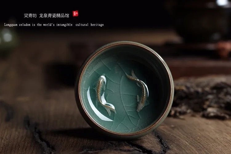Китайский Longquan Celadon фарфоровая чайная чашка и блюдце чайная чаша с золотой рыбкой 60 мл Celadon Crackle чайная чашка