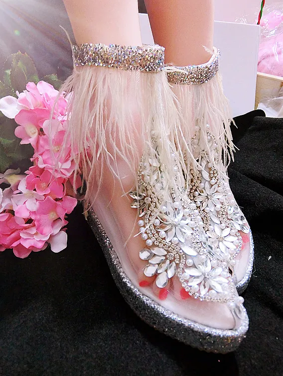 

Ручной работы тяжелой промышленности из страусового волоса с бахромой Стразы внутренняя повышение наклон с дышащей сеткой; Женские туфли и...