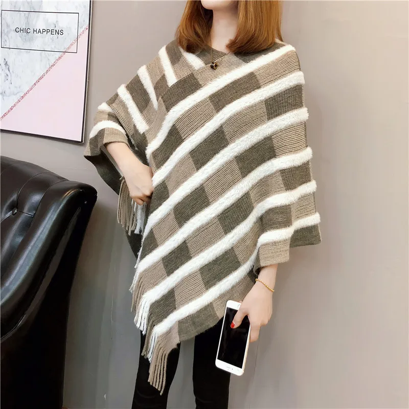 

Tassel Sweater Poncho Winter Women Knitted Batwing Cape Cloke All Match Plaid Pull Femme Jumper Autumn Ponchos 2019031104