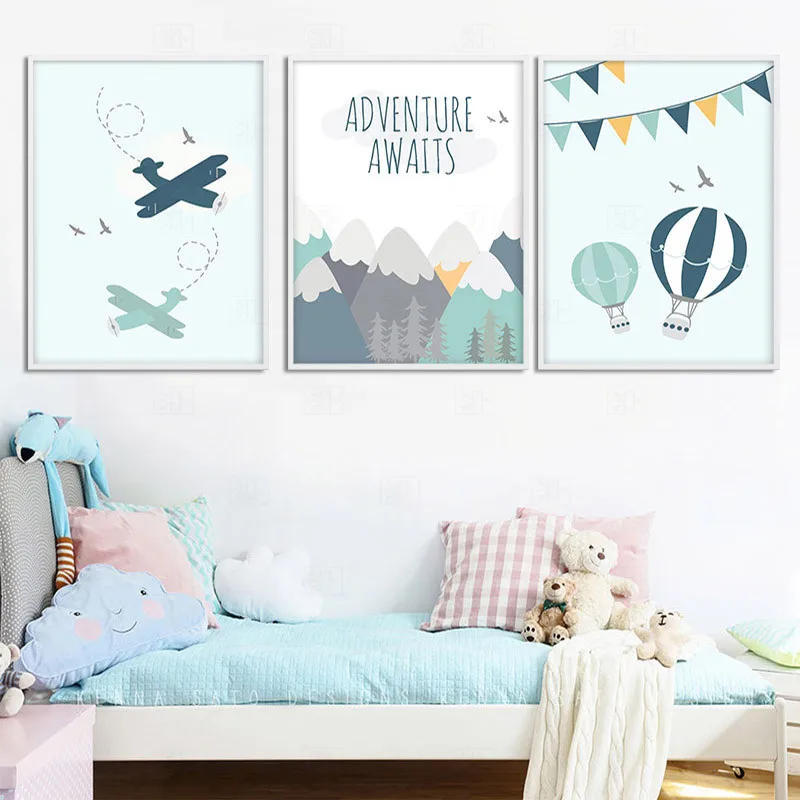 

Adventure Quote Nursery Child Poster Cartoon Mountain Airplane Print Wall Art Canvas Painting Nordic Kid Room Decoration Picture